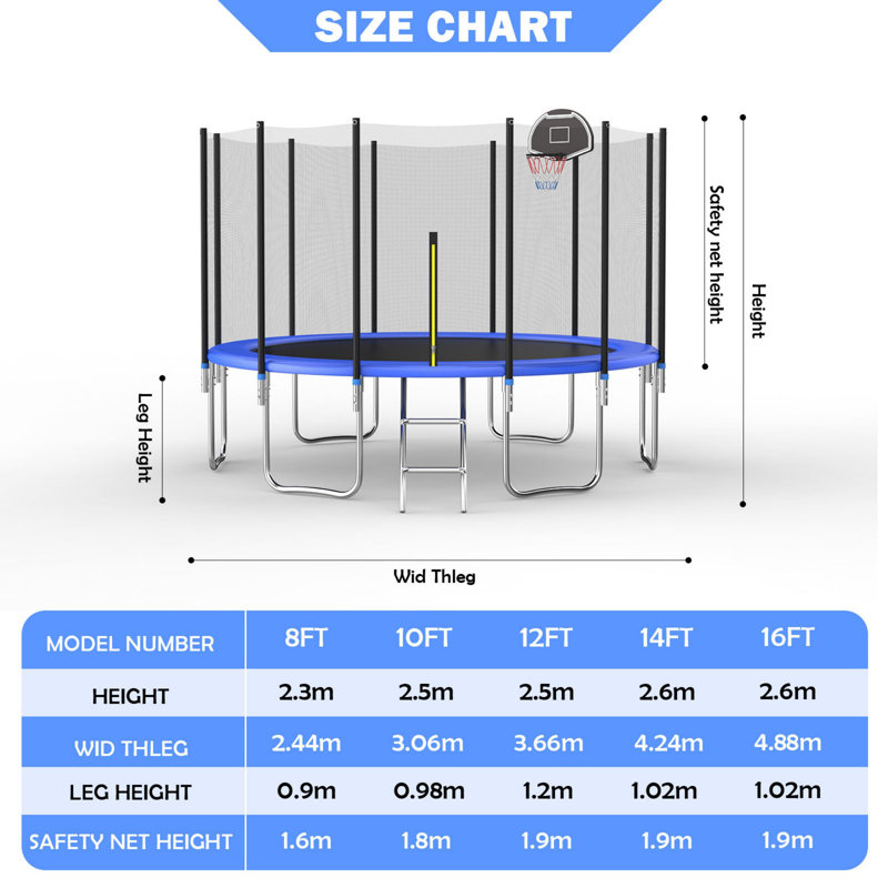 SENCHO GINSYTALIOR 10FT Round Outdoor Trampoline with Safety Enclosure Net,600Lbs Capacity，Basketball Hoop & Ladder, Heavy-Duty Backyard Trampoline for Kids & Adults