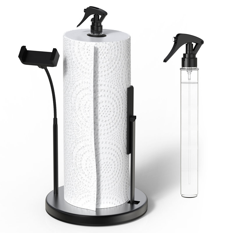 Distributeur de papier essuie-tout avec flacon pulvérisateur et support pour téléphone, distributeur 3 en 1 pour comptoir, ouverture facile d'une seule main, base lestée en acier inoxydable avec ventouses, installation sans perçage, idéal pour la cuisine, la salle de bain, le VR, le camping et la maison