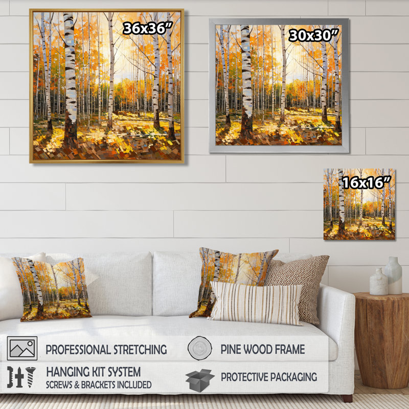 Soleil à travers les bouleaux - impression d'art mural Birch, H 16 po x l 16 po, Cadre flottant brun, bois massif