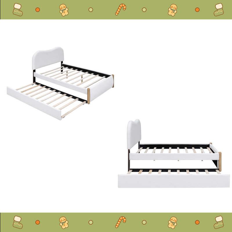 Lit plateforme tapissier avec pieds et gigogne en bois, Lit double, Blanc