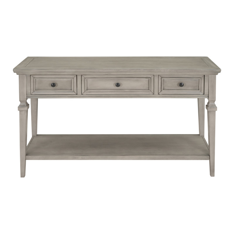 Console de style rétro classique avec trois tiroirs supérieurs et une tablette inférieure de style ouvert, facile à assembler (gris délavé)