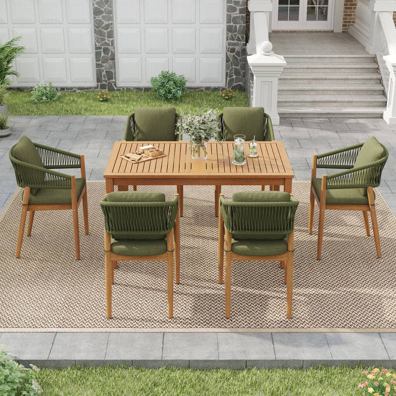 Ensemble repas 7 pièces en bois massif avec trou pour parasol, Vert