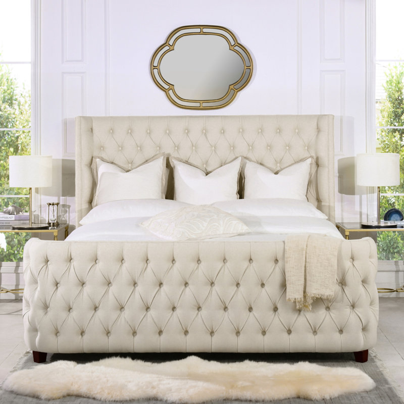 Currier Upholstered Wingback Bed, King, Light Beige Linen