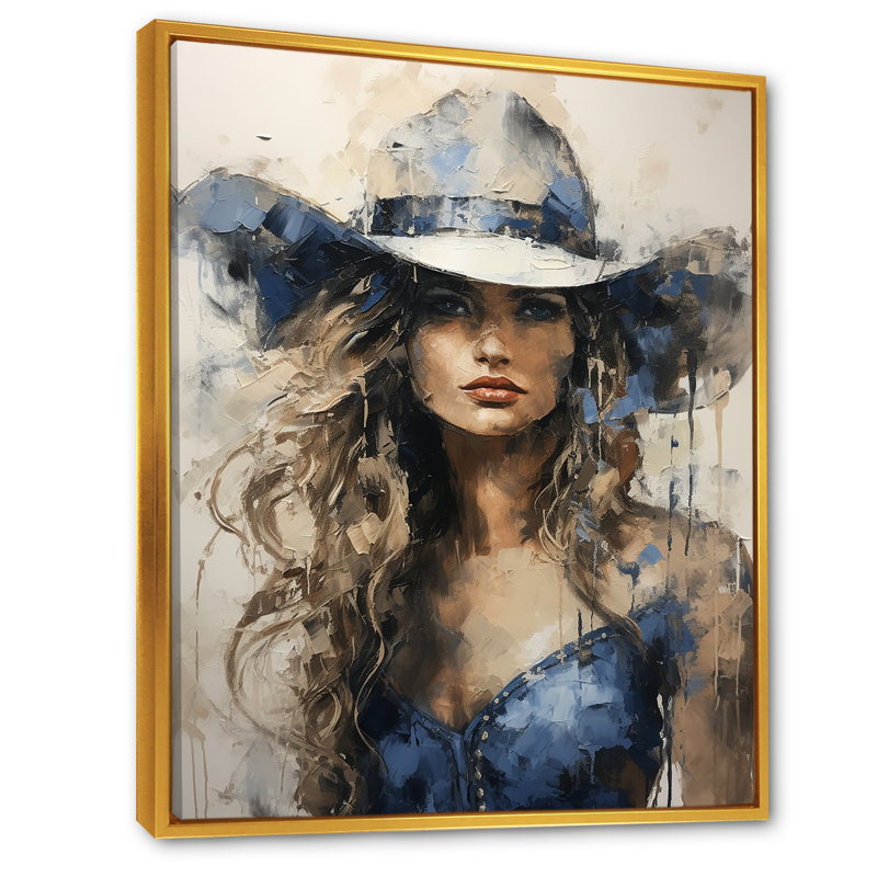 Minimalisme, cow-boy bleu, peinture sur toile, H 32 po x l 16 po x P 1 po, Cadre flottant doré