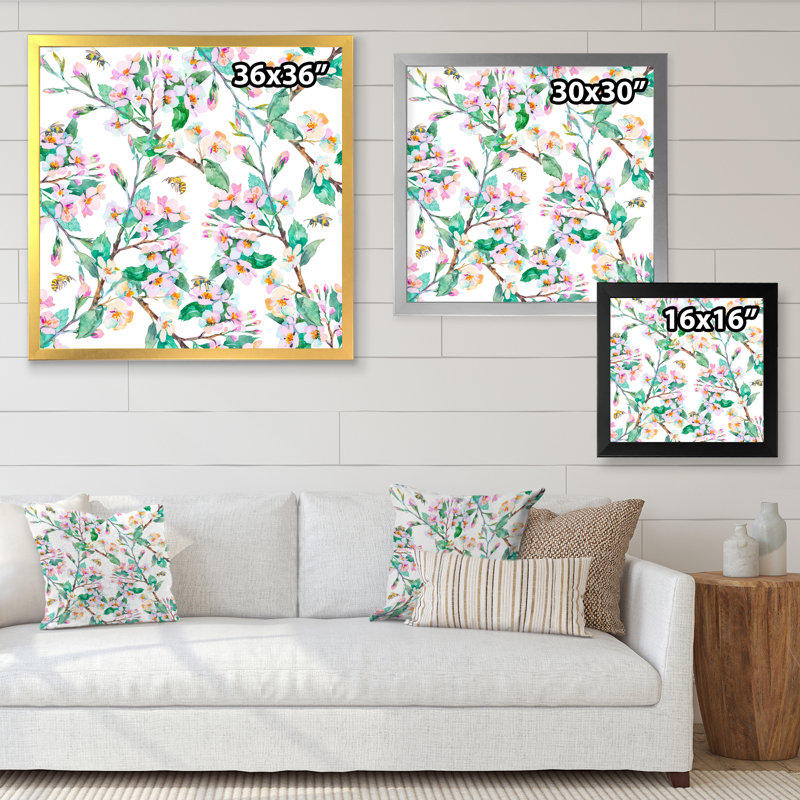 Motif printanier avec branches en fleurs et abeilles - Peinture sur toile, Cadre doré à coins fermés