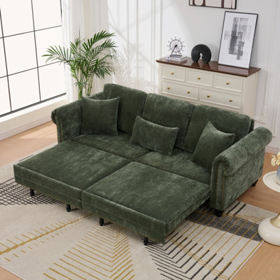 86" King Pull Out Sofa Bed, 3 In 1 Convertible Sleeper Sofa,Modern 3 Seat Couch With Nailhead Trim & Rolled Arm For Living Room, Apartment, Office, Green Chenille