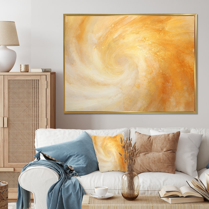 «Champagne Sunrise Spiral», art abstrait sur toile, H 12 po x l 20 po x P 1 po, Cadre flottant doré