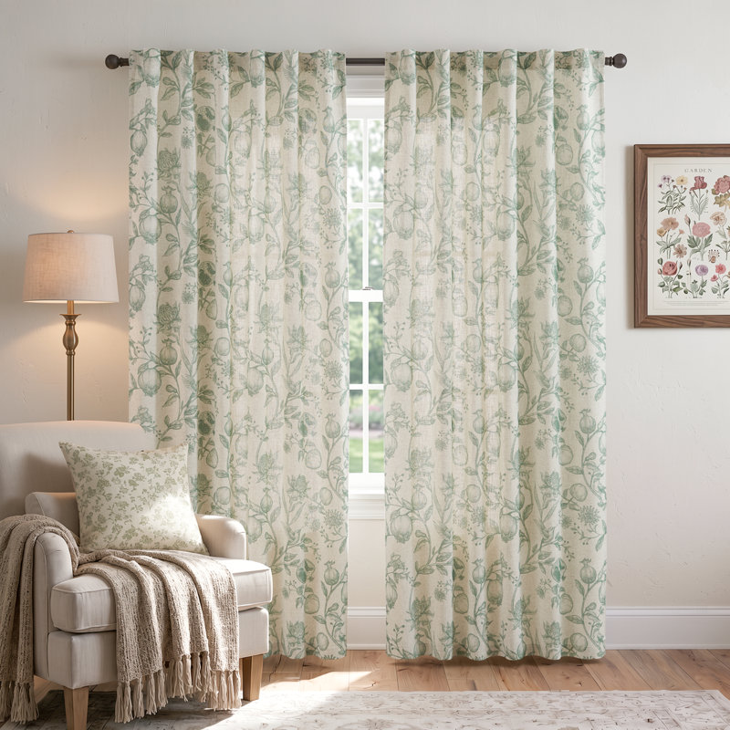 Nathnael Linen Blend Toile Semi-Sheer Curtain Panel Pair, 50" W x 84" L, Green