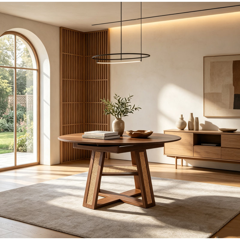 Extendable Round Dining Table with Hidden Storage and Decorative Woven Details