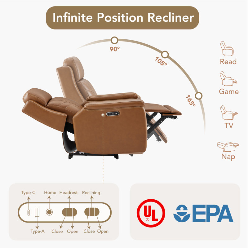Dual Motor Genuine Leather Power Recliner with Power Headrest, Saddle