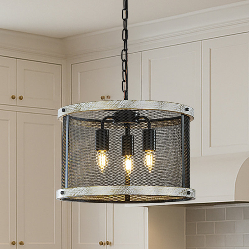 3-light 16" Black Mesh And Weathered White Wood Frame Rustic Farmhouse Drum Chandelier Pendant Dining Room Industrial Chandelier