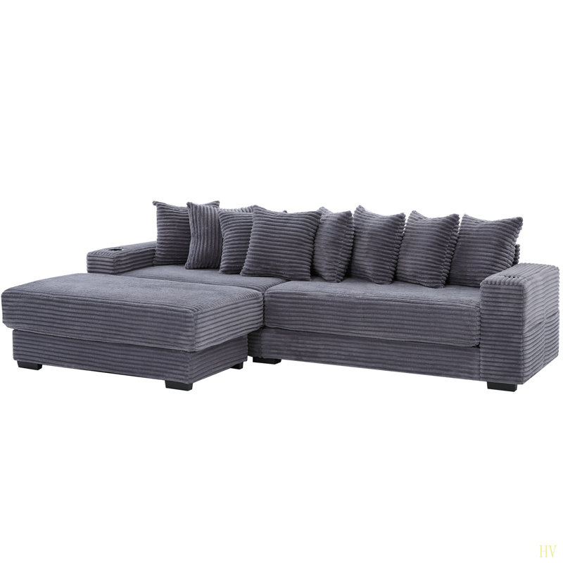 110.75" Modular L Shaped Sofa, Corduroy Fabric Sectional Couch,With A Movable Footstool, Cup Holders,Bring 8 Throw Pillows,Side Pocket,Unfold Into A Bed