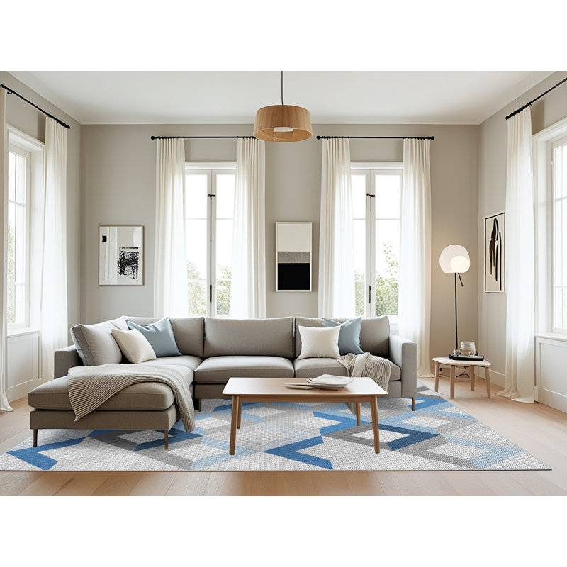 Tapis bleu/gris à motifs, Rectangle 8 pi x 10 pi