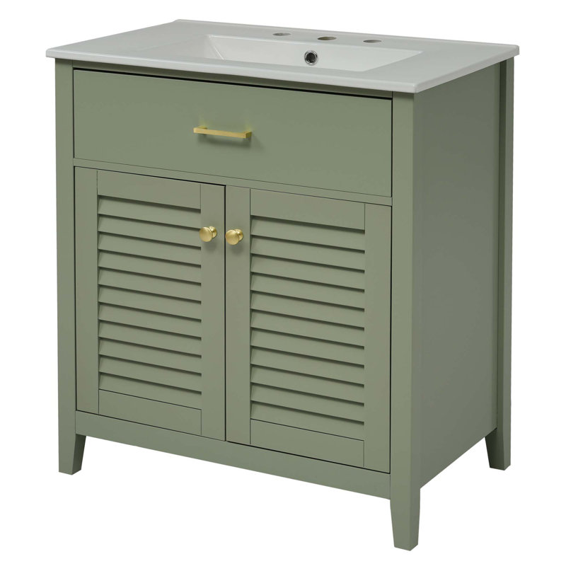 Meuble-lavabo de salle de bain avec lavabo en céramique, 1 tiroir coulissant et 2 portes