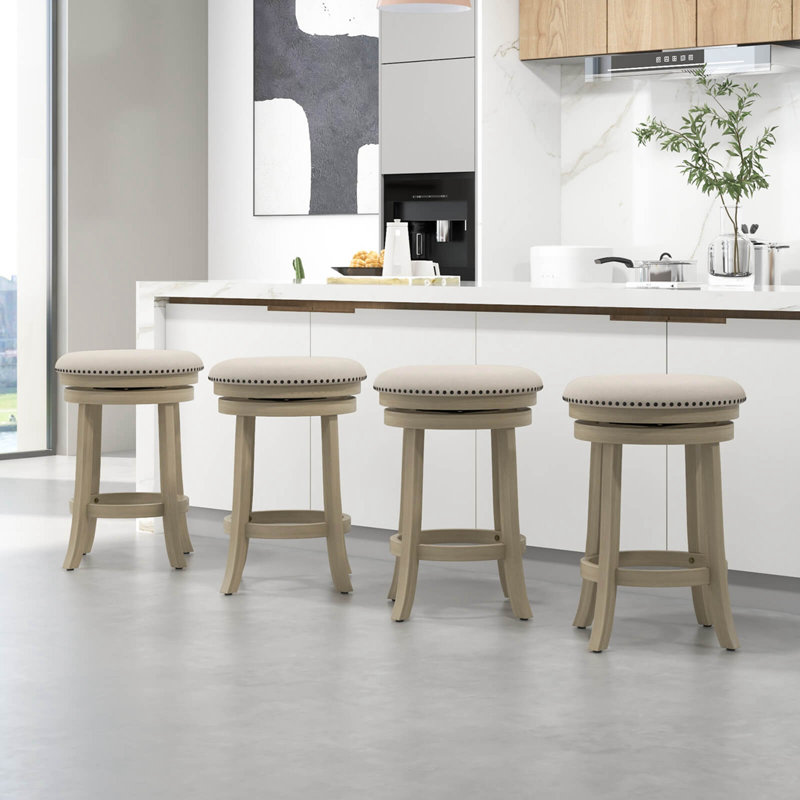 August Grove® 26.5" Swivel Bar Stools Round Counter Height Barstools With Wooden Frame, 4