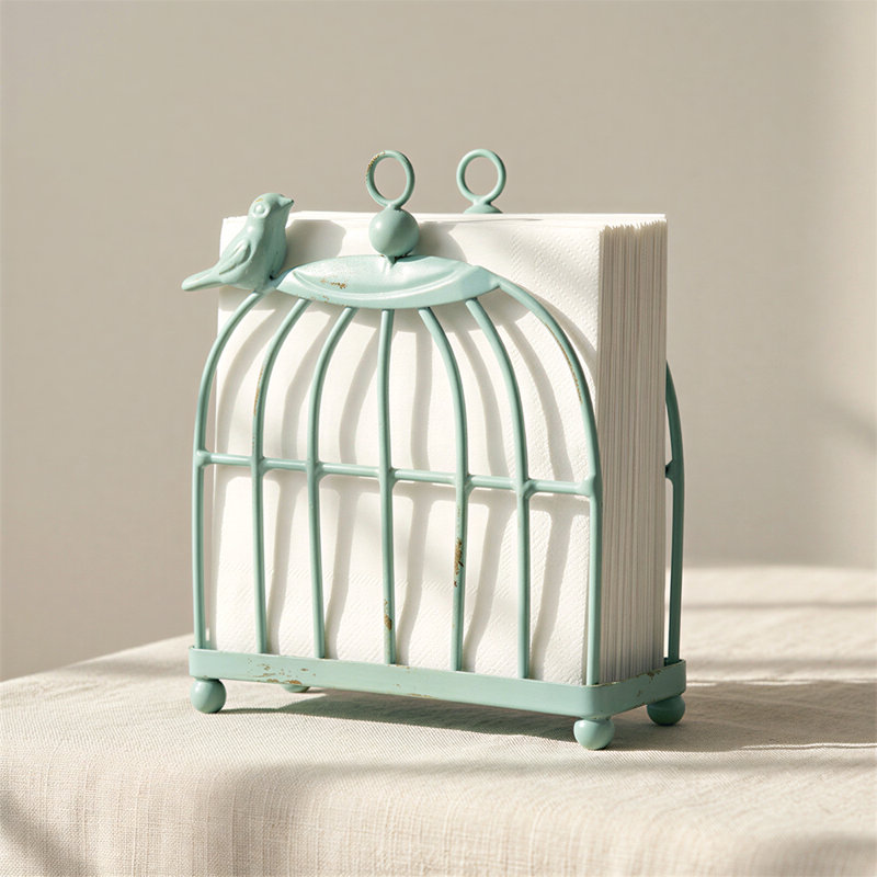 Bird Napkin Holder, Mint Green Distressed Metal Birdcage Stand with Perched Bird Accent 