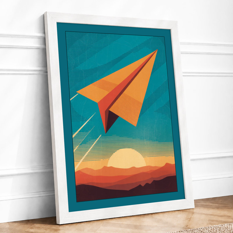 Paper Plane at Dawn Retro 1 Piece Single Picture Frame Wall Art, A2 - 59.4 x 42.0 cm, White