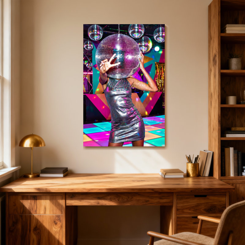 Boule disco à la mode, femme, robe argentée, lumières de fête, plancher coloré, H 28 po x l 40 po