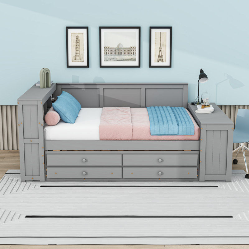 Full Size Wood Daybed with LED Strip, Trundle, Built-In Charging Station and Convertible Desk, Gray