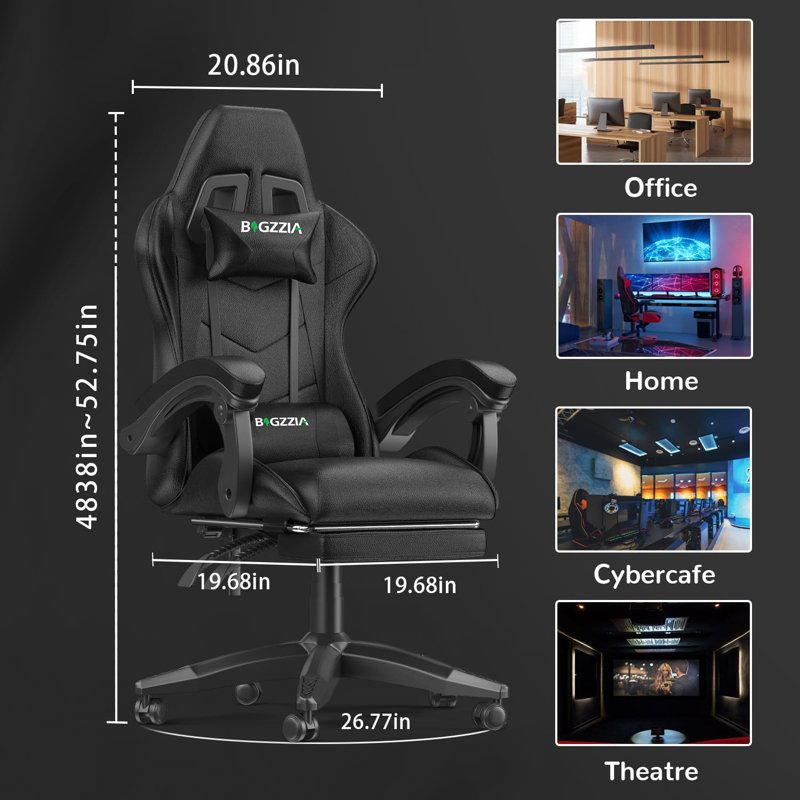 Fauteuil de jeu avec support lombaire de massage et repose-pieds, Noir