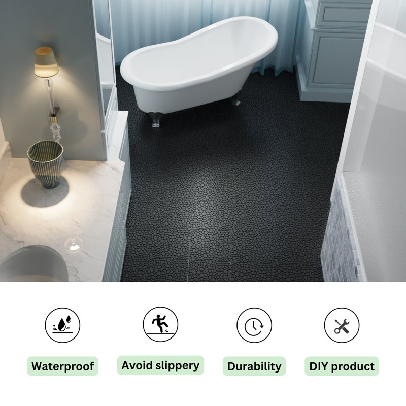 12 x 12 Inch Black Interlocking Plastic Waterproof Deck Tiles Pebble Stone Pattern (60pcs)