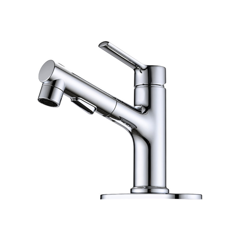 Robinet de lavabo de salle de bain avec poignée escamotable, conception à poignée simple, 3 options de jet, bouchon de vidange et plaque de pont, tête escamotable en acier inoxydable, poignée,