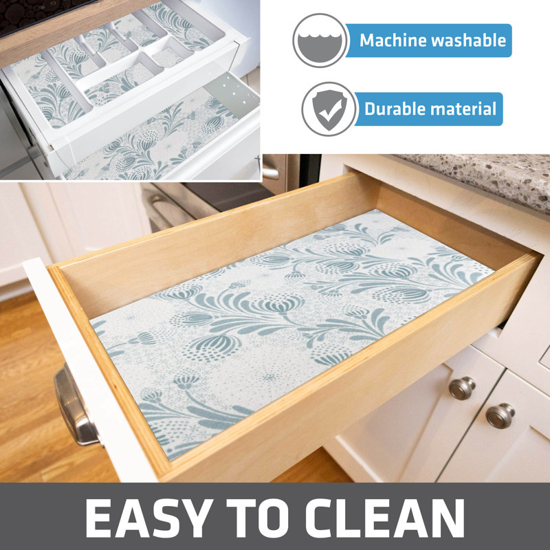 Premium Luxury Shelf & Drawer Liner, Thick Cushioned Fabric, Absorbent, Waterproof, Slip-Resistant, Non-Adhesive, Liners for Kitchen Cabinets, Cupboards (Light Blue Floral) (12”x59”) (USA Made)