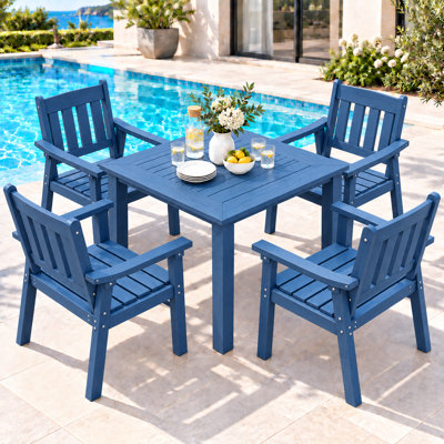 Plastic Patio Dining Set For 4 Outdoor Table Set All Weather 5 Piece Outdoor Table And Chairs Set With Metal Aluminum Frame HIPS Patio Dining Furniture Set For Lawn, Poolside, Outside, Blue