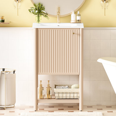 Meuble-lavabo de style français de 20 po avec lavabo en céramique, porte simple à fermeture en douceur, détails exquis, charnières en acier inoxydable, poignée ronde en métal, rangement spacieux, lavabo, robinet de 1,37 po non
