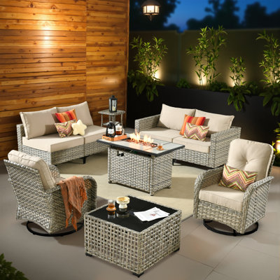 6-Person  Outdoor Sectional With Cushions,Swivel Rockers,Led Coffee Table And Fire Pit,All-Weather Wicker Patio Set
