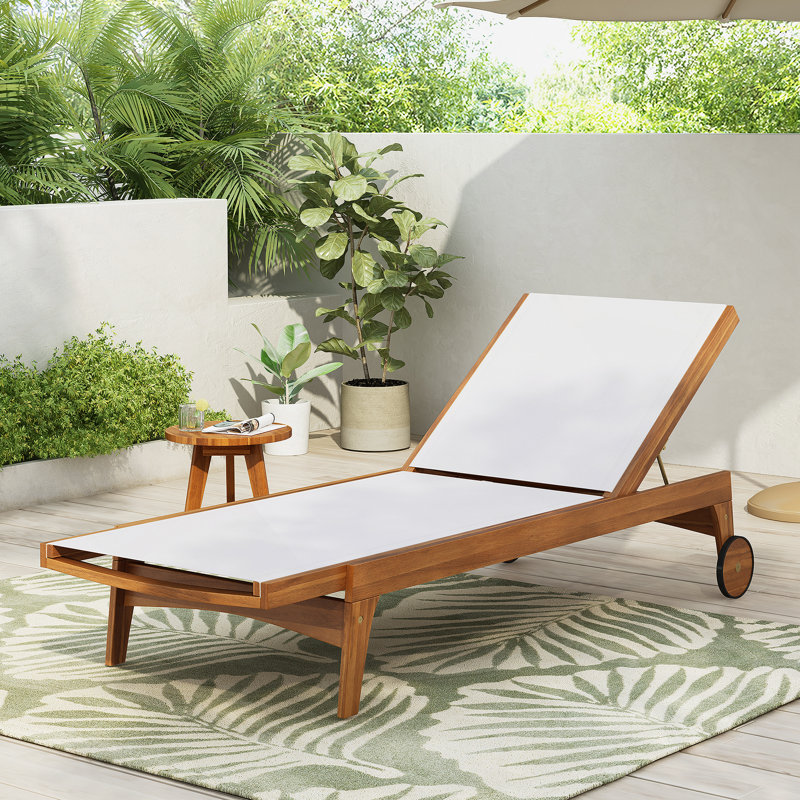 Chaise longue d'extérieur à structure en bois, Blanc / Naturel