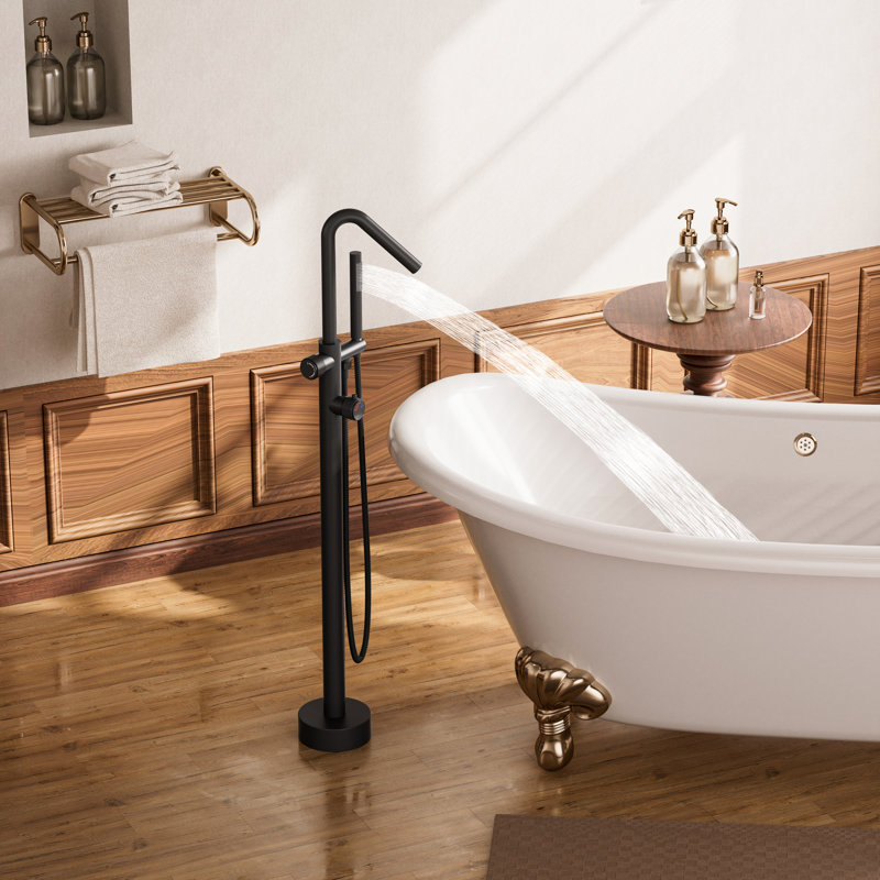 Single-Handle Floor Mount Tub Faucet With Hand Shower & Diverter Modern Outdoor/Indoor Thermostatic Faucet, Matte Black