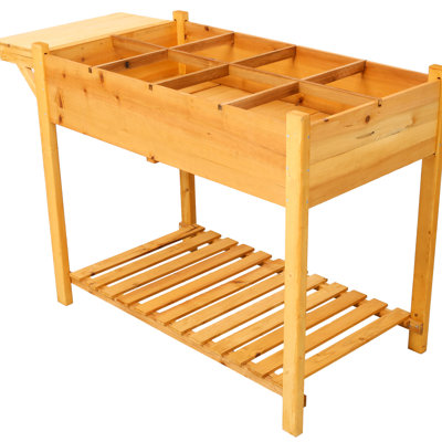 Raised Wood Planter With 8 Grow Grids And Foldable Side Table For Gardens Drainage System Plants
