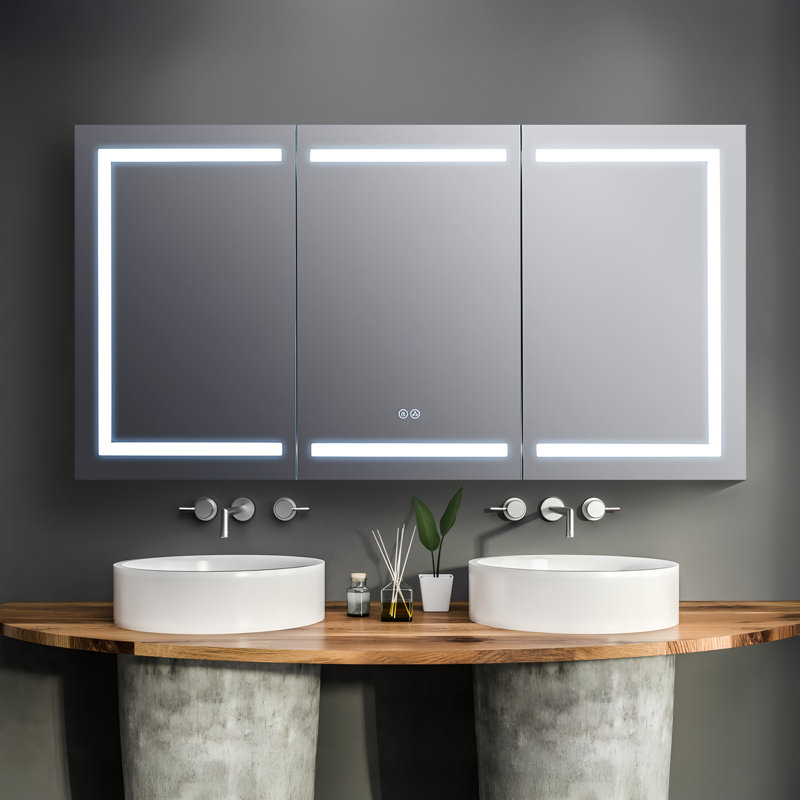 Armoire à pharmacie de 60 po avec miroir DEL - Armoire de rangement encastrée ou murale, désembueur encastré à une touche, lumière à intensité variable, miroir de coiffeuse, 3 tablettes réglables en verre
