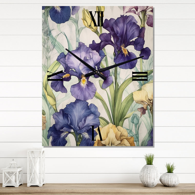 Horloge murale florale mauve et verte d'Iris II, Médium
