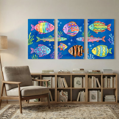 Animals Colorful Fish Underwater Scene Pattern Print Set of 3 Canvas Wall Art Prints