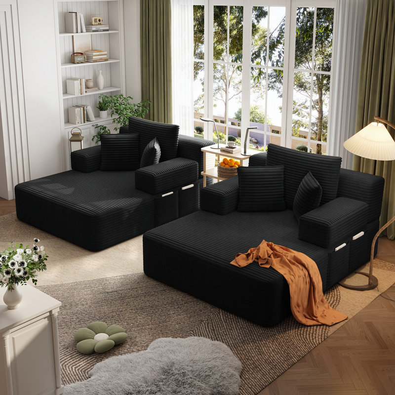 Très grand canapé-lit double convertible en velours côtelé avec 6 coussins, Velours côtelé noir