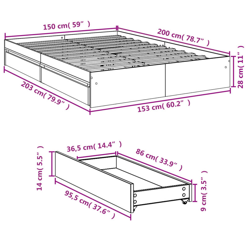 Alpen Home Bed Frame With DrawersEngineered Wood, Sonoma Oak, 150 x 200cm