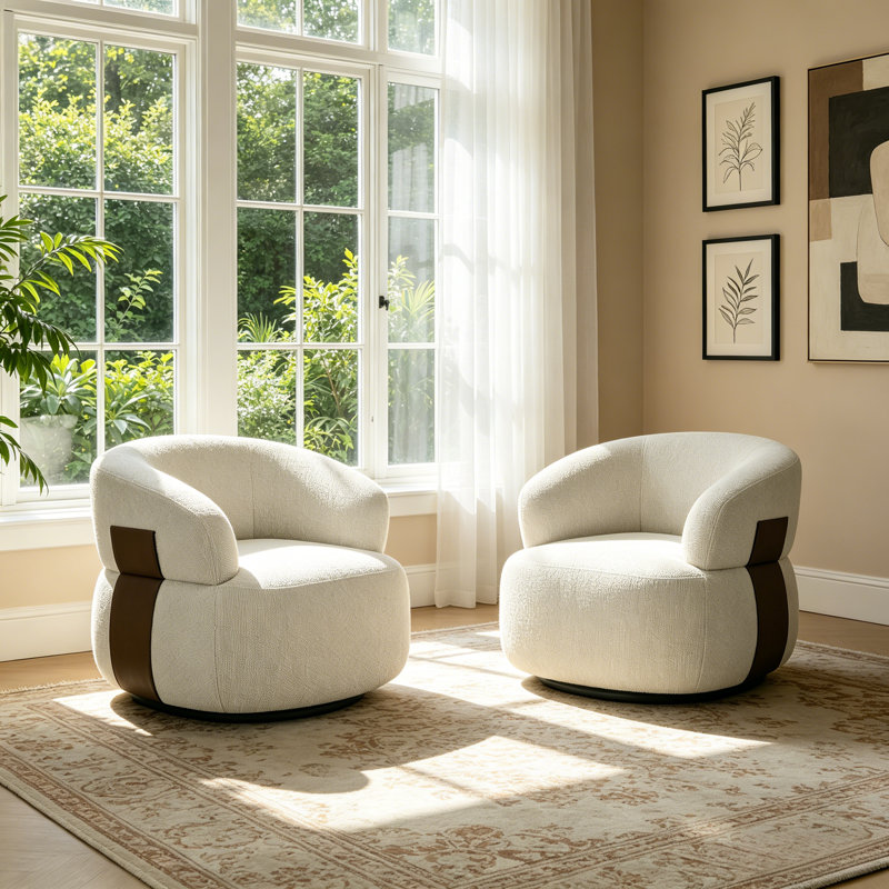 Hillip 360° Rotation Modern Swivel Upholstered Accent Barrel Chair for Living Room & Apartment & Bedroom, Beige Boucle