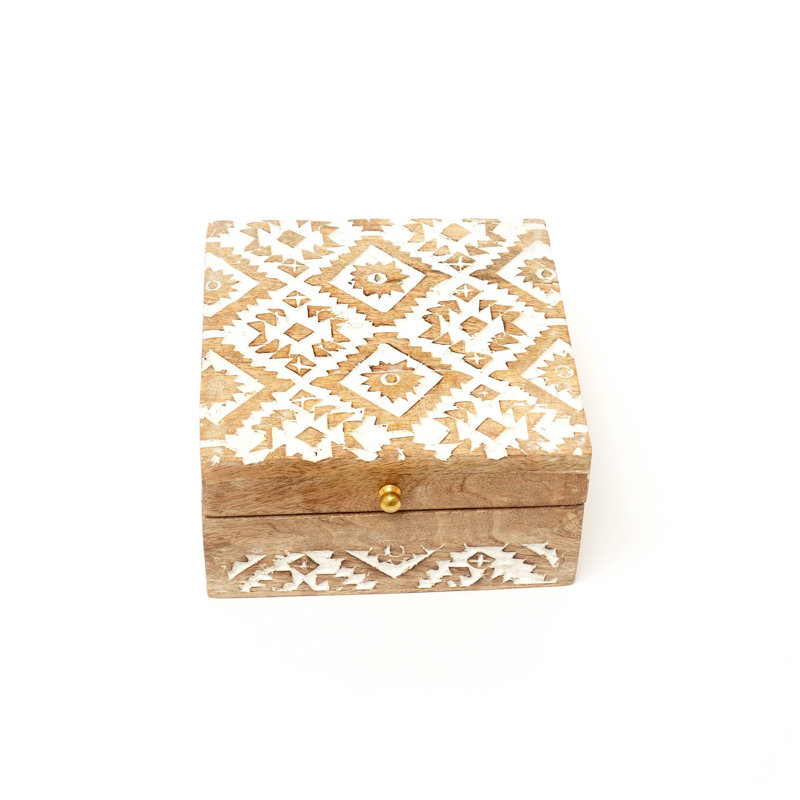 Boîte décorative | Boîte de rangement en bois sculpté à la main | 6 x 6 x 2,5 po, H 2,5 po x l 6 po x P 6 po