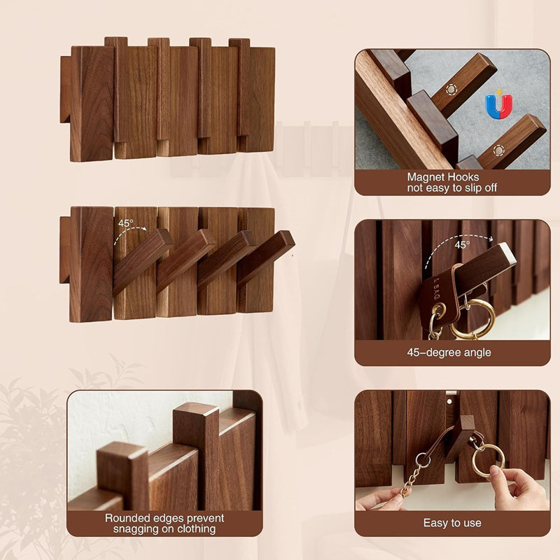Porte-manteau mural en bois, crochets robustes pour manteaux, chapeaux, serviettes, sacs et clés