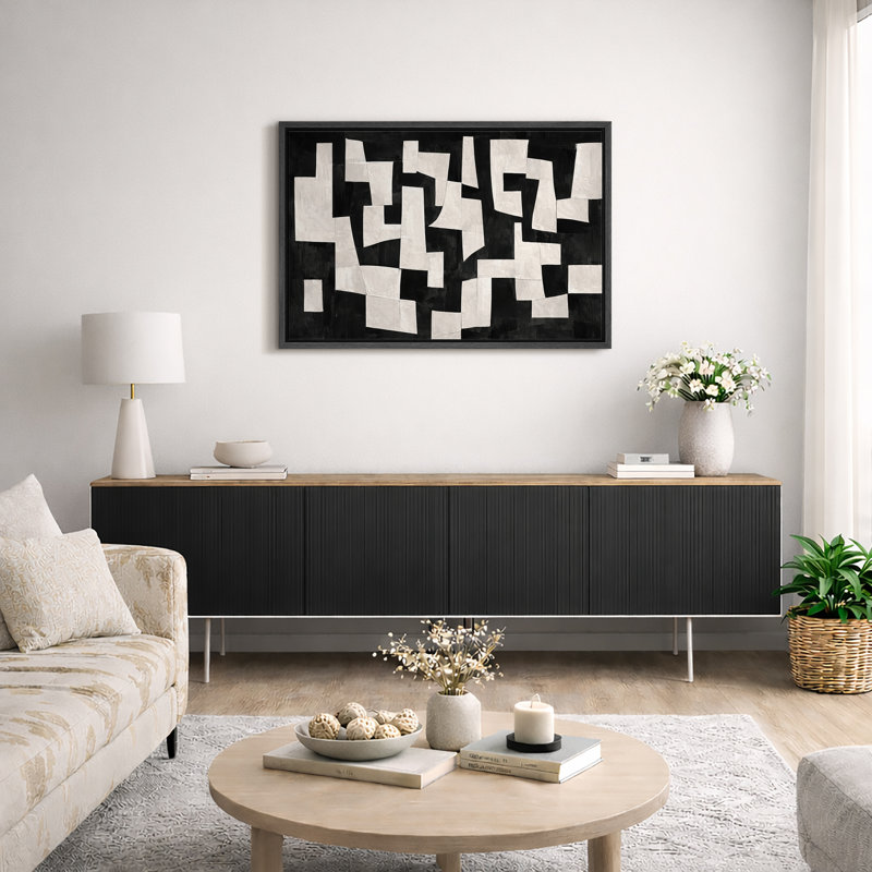 Abstrait noir et blanc, motif géométrique découpé, photos de salon moderne, impression sur toile encadrée, Cadre noir