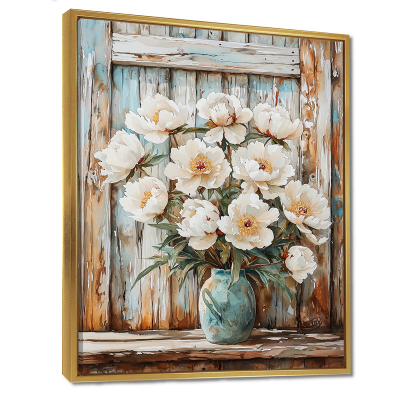Décoration murale pivoines par la porte de grange IV - pivoines, Reproduction avec cadre flottant, H 32 po x l 16 po, Doré