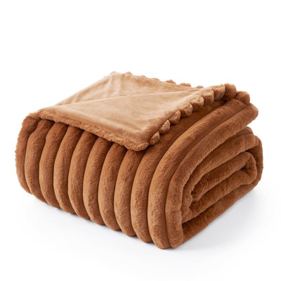 Striped Faux Fur Throw Blanket, Cozy Fuzzy Soft Style for Sofa & Bed