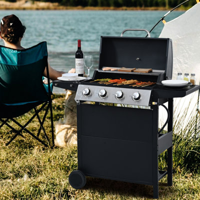 Barbecue au propane à 4 brûleurs, fabrication en acier inoxydable, 34 000, avec deux tables et roues maniables pour couvercle de barbecue de jardin, tablettes, portable