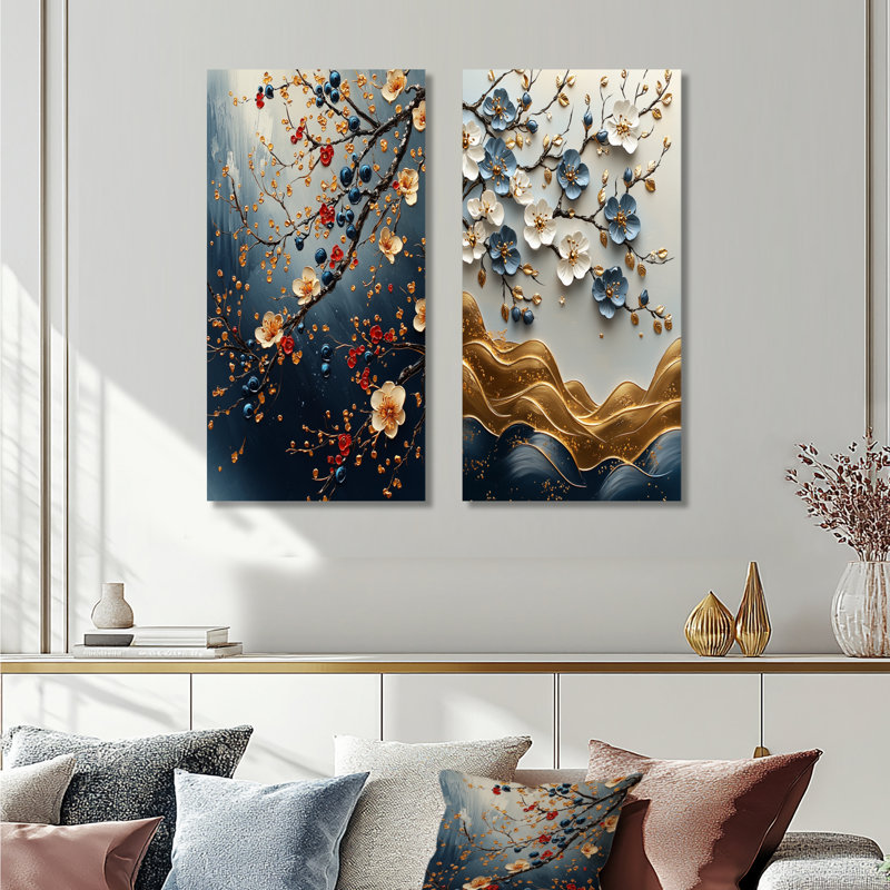 «Blue Cherry Blossom Branches I» - ensemble d'art mural 2 pièces, Ne s’applique pas, Toile tendue sur cadre