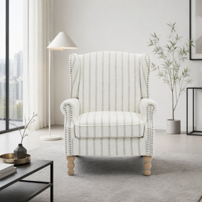 Modern Accent Chair with Retro Wood Legs, Comfy Upholstered Armchair, Floral Design Single Sofa Chair for Living Room Bedroom Office - Stripe