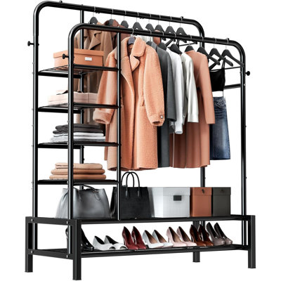 Portant pour vêtements, portemanteaux double avec 2 tablettes inférieures et 4 tablettes latérales