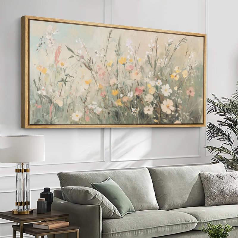 Muted Green Wildflowers Floral Artwork, Living Room Wall Pictures, Giclee Canvas Digital Print Extra Large Framed Wall Art