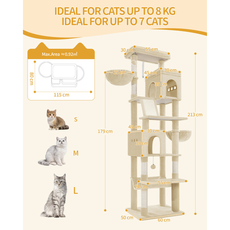 Large Cat Tree Tower, Cat Tree for Indoor Cats, Climbing Tower for Large Cats, 5 Scratching Post, 2 Large Platform, 2 Caves, 2 Baskets, Stairs, Hammocks